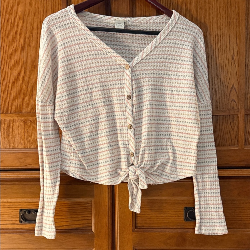 Paper Crane Waffle Weave Thermal Button-Up Tie Front Crop Top Striped Boho Cozy
